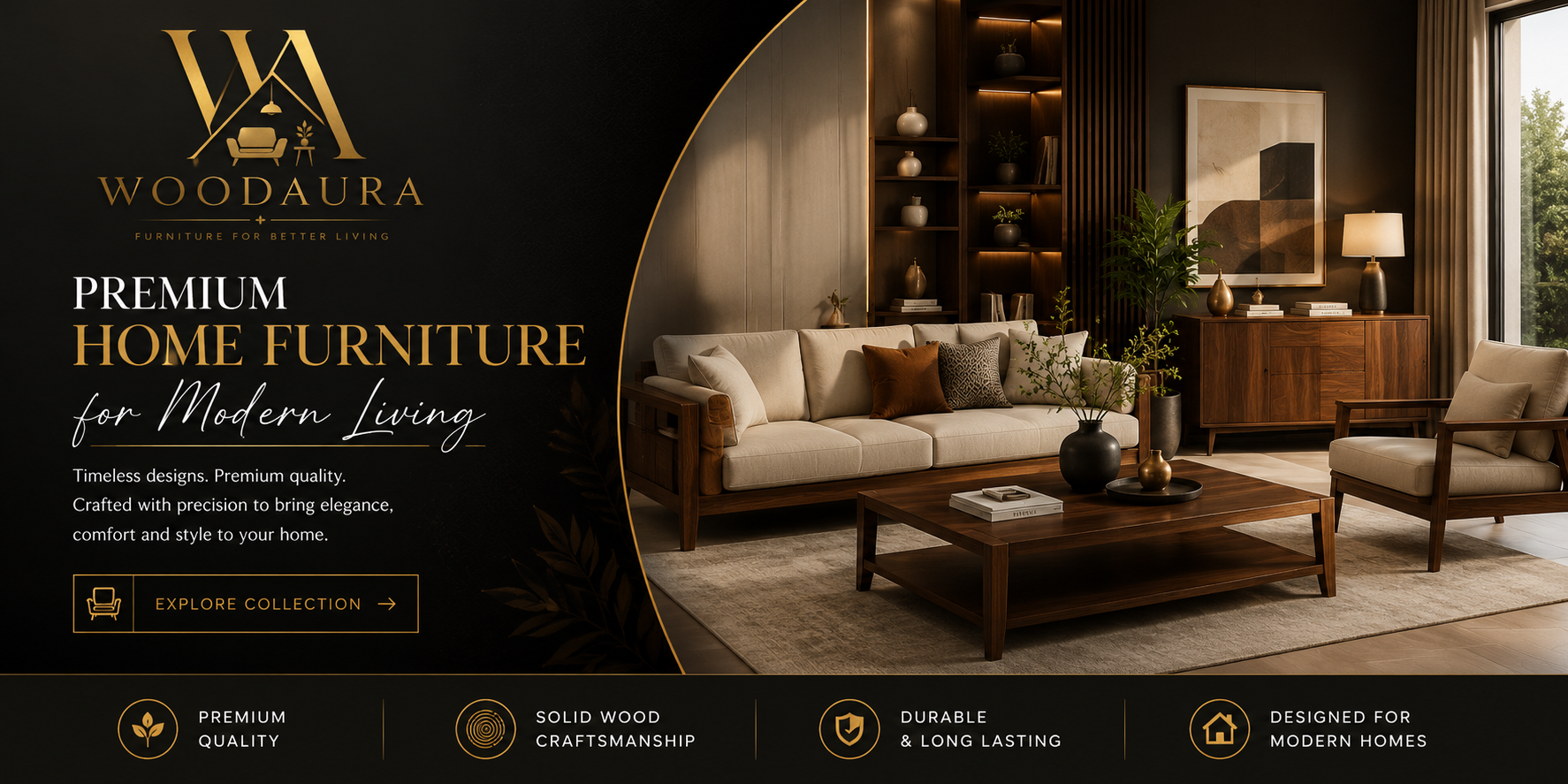WoodAura Premium Home Furniture for Modern Living hero banner with luxury wooden furniture and elegant living room interior.