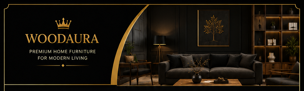 WoodAura privacy policy header banner featuring a luxurious black-and-gold living room interior with the WoodAura logo and premium home furniture branding.
