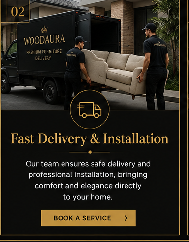 WoodAura delivery team unloading a luxury sofa from a branded truck for professional home installation.
